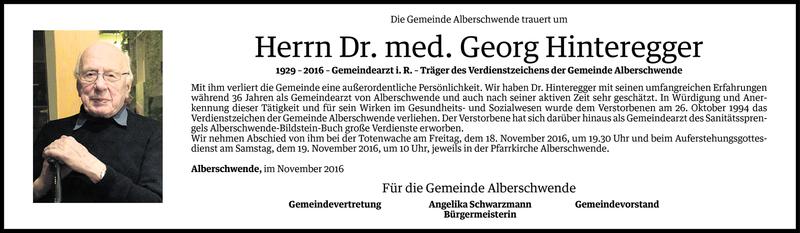  Todesanzeige für Georg Hinteregger vom 16.11.2016 aus Vorarlberger Nachrichten