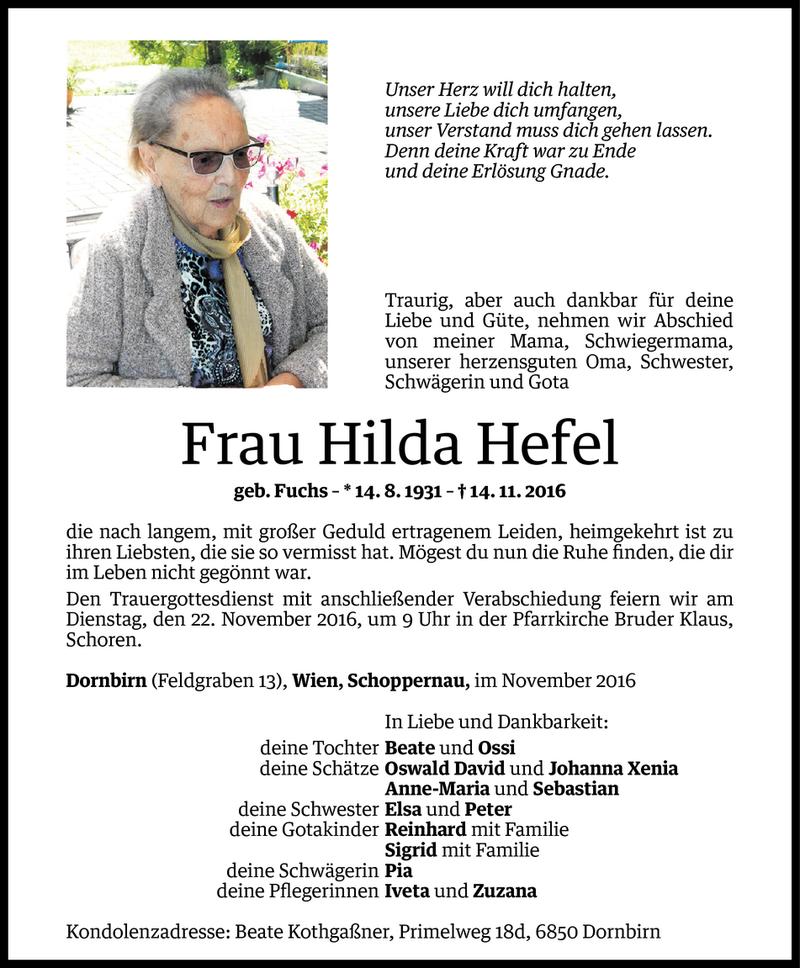  Todesanzeige für Hilda Hefel vom 17.11.2016 aus Vorarlberger Nachrichten
