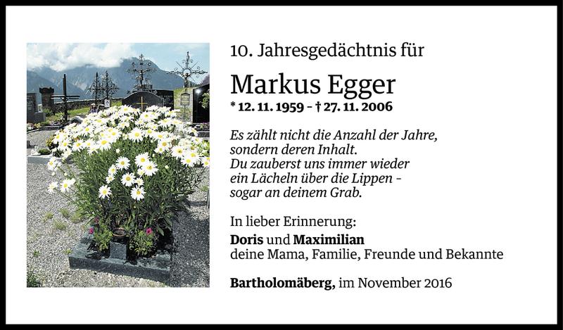  Todesanzeige für Markus Egger vom 25.11.2016 aus Vorarlberger Nachrichten