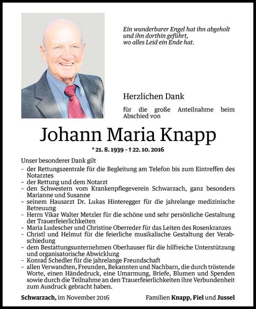 Todesanzeige von Johann Maria Knapp von Vorarlberger Nachrichten