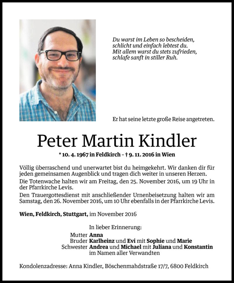  Todesanzeige für Peter Martin Kindler vom 22.11.2016 aus Vorarlberger Nachrichten