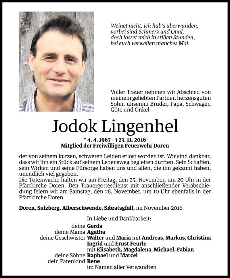  Todesanzeige für Jodok Lingenhel vom 23.11.2016 aus Vorarlberger Nachrichten