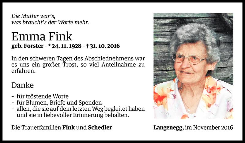  Todesanzeige für Emma Fink vom 25.11.2016 aus Vorarlberger Nachrichten