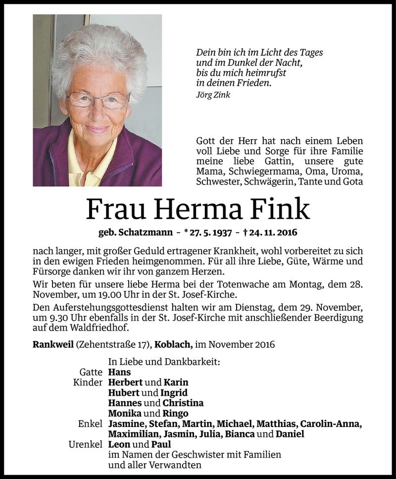  Todesanzeige für Herma Fink vom 26.11.2016 aus Vorarlberger Nachrichten
