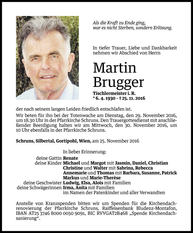  Todesanzeige für Martin Brugger vom 27.11.2016 aus Vorarlberger Nachrichten