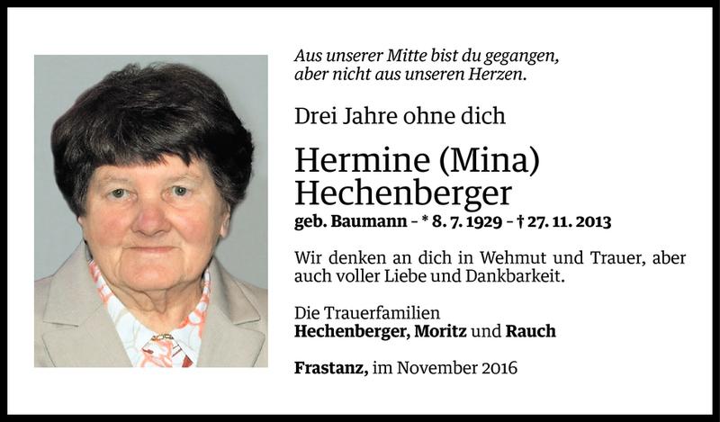  Todesanzeige für Hermine Hechenberger vom 27.11.2016 aus Vorarlberger Nachrichten