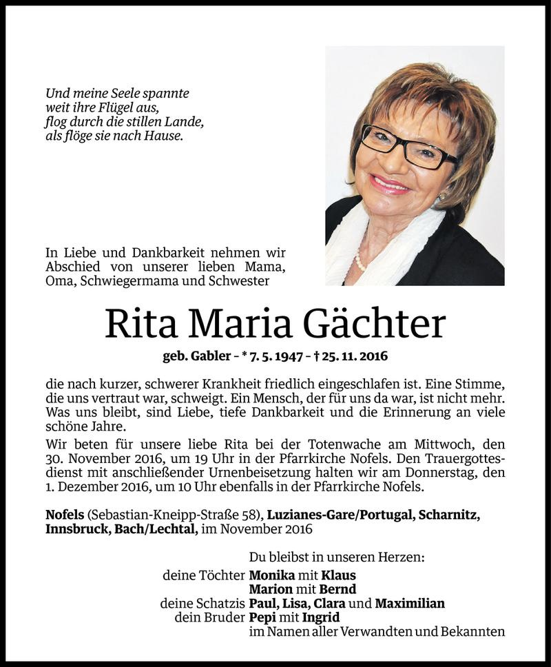  Todesanzeige für Rita Maria Gächter vom 27.11.2016 aus Vorarlberger Nachrichten