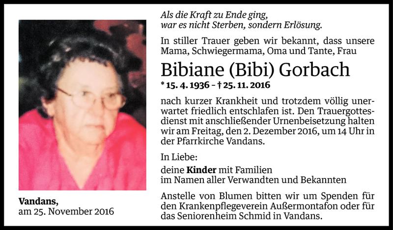  Todesanzeige für Bibiane Gorbach vom 28.11.2016 aus Vorarlberger Nachrichten