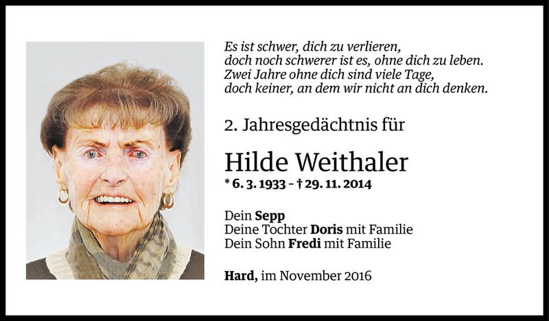  Todesanzeige für Hilde Weithaler vom 28.11.2016 aus Vorarlberger Nachrichten