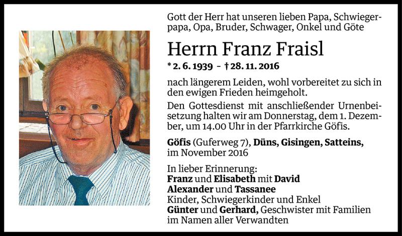  Todesanzeige für Franz Fraisl vom 30.11.2016 aus Vorarlberger Nachrichten