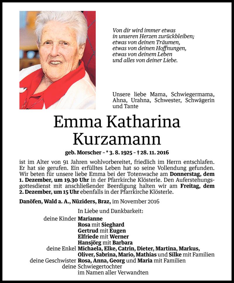  Todesanzeige für Emma Kurzamann vom 30.11.2016 aus Vorarlberger Nachrichten