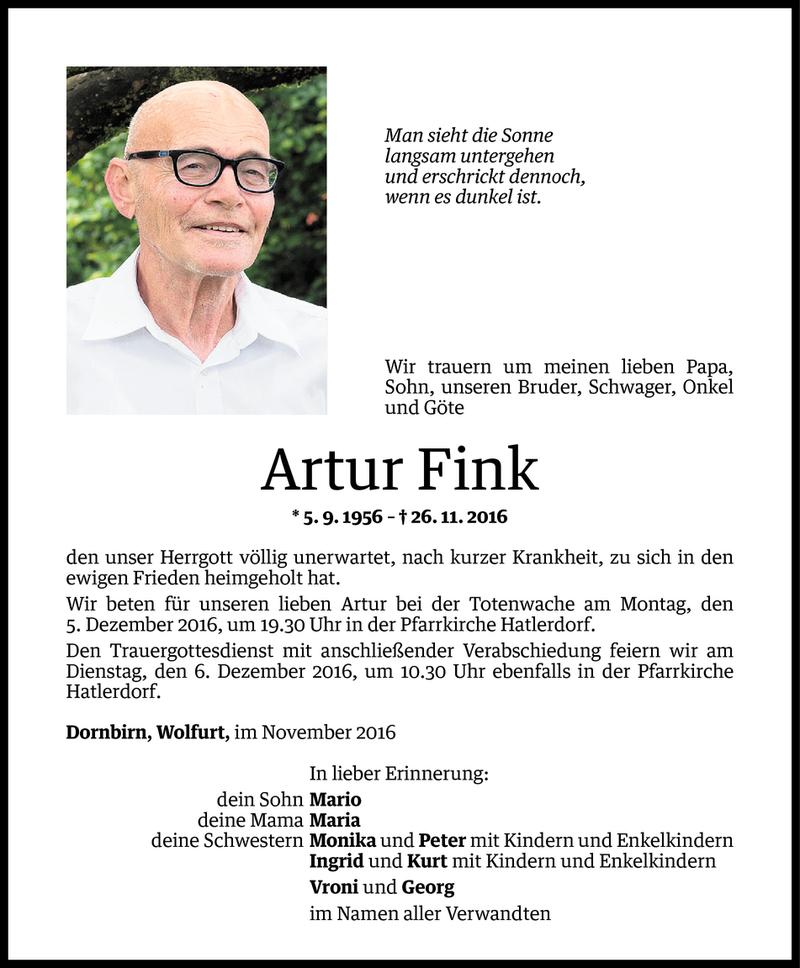  Todesanzeige für Artur Fink vom 01.12.2016 aus Vorarlberger Nachrichten