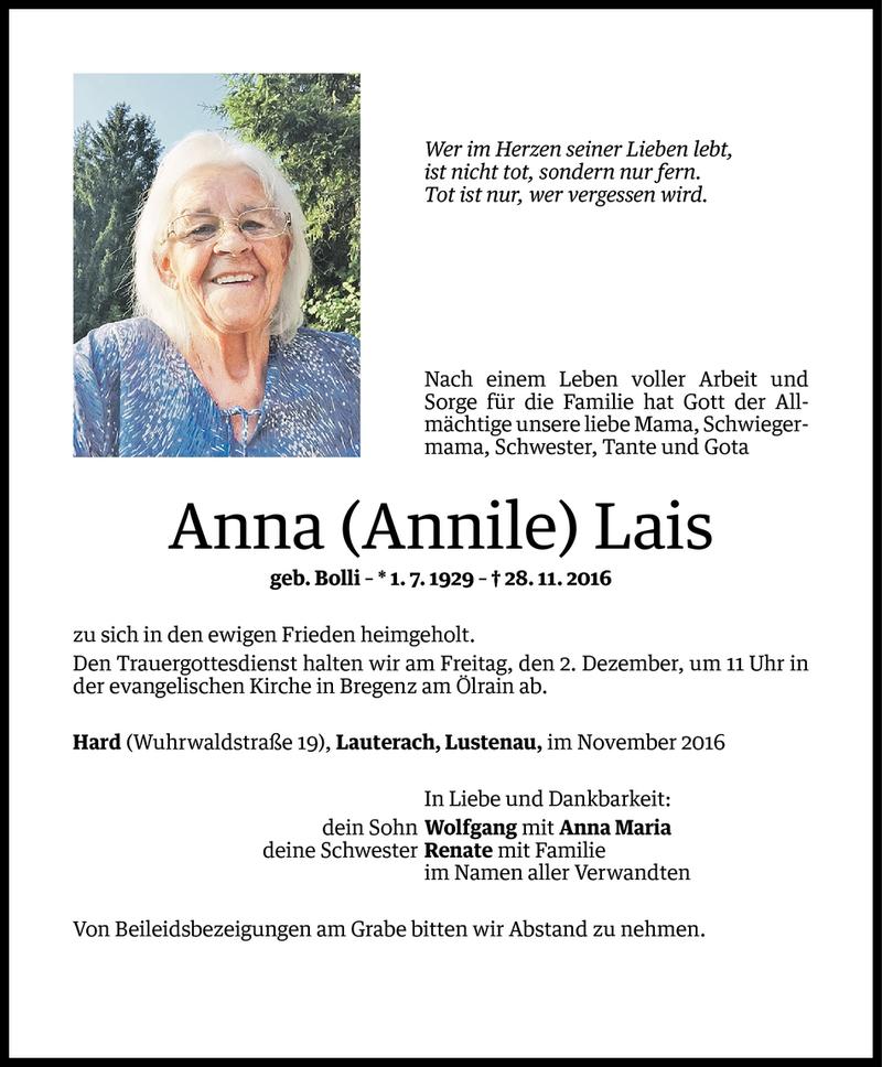  Todesanzeige für Anna Lais vom 29.11.2016 aus Vorarlberger Nachrichten