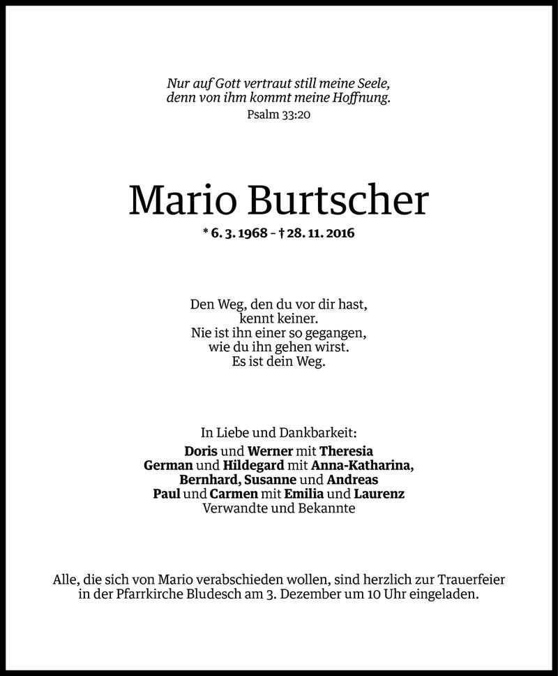  Todesanzeige für Mario Burtscher vom 30.11.2016 aus Vorarlberger Nachrichten