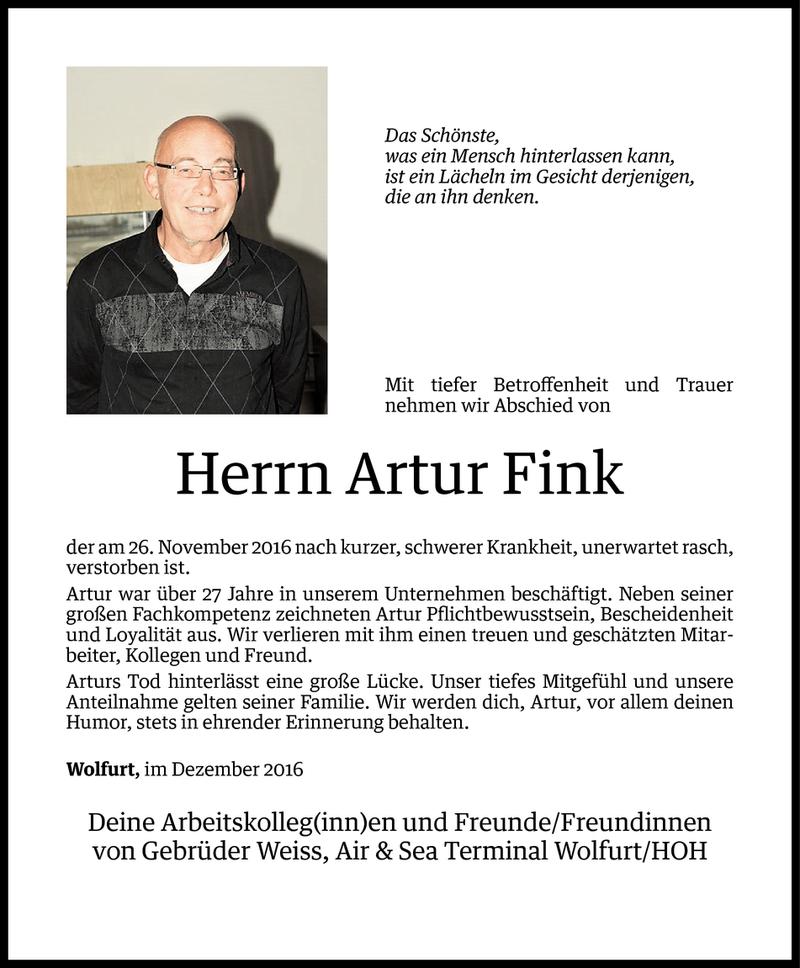  Todesanzeige für Artur Fink vom 01.12.2016 aus Vorarlberger Nachrichten