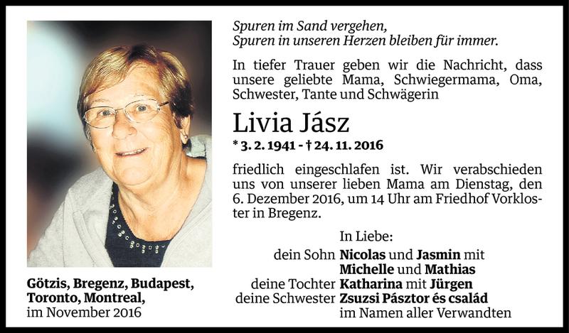  Todesanzeige für Livia Jász vom 02.12.2016 aus Vorarlberger Nachrichten