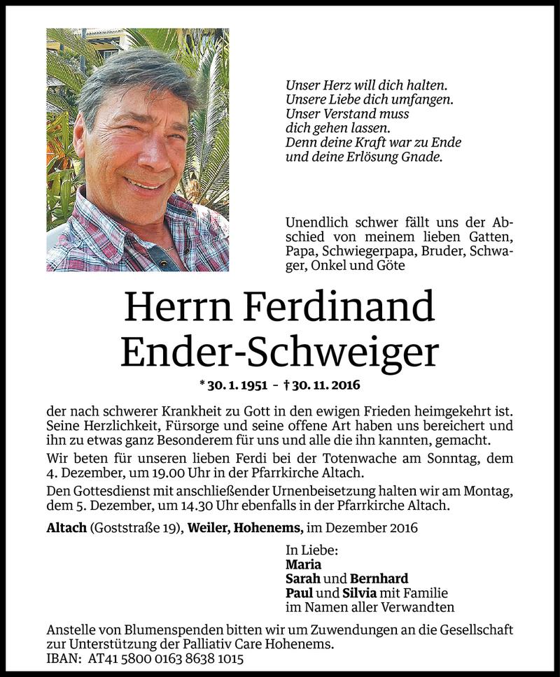 Todesanzeige für Ferdinand Ender-Schweiger vom 03.12.2016 aus Vorarlberger Nachrichten