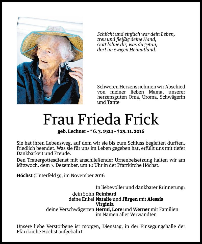  Todesanzeige für Frieda Frick vom 04.12.2016 aus Vorarlberger Nachrichten