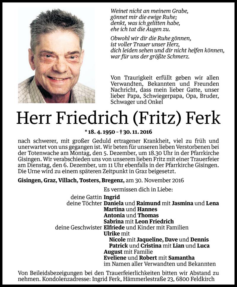 Todesanzeige für Friedrich Ferk vom 02.12.2016 aus Vorarlberger Nachrichten