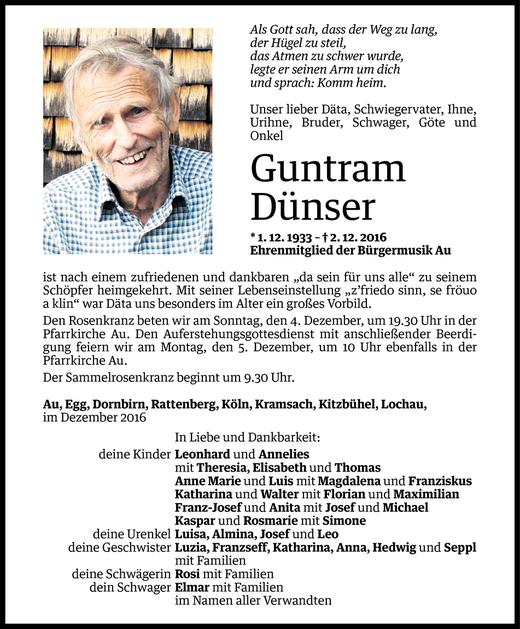 Todesanzeige von Guntram Dünser von Vorarlberger Nachrichten