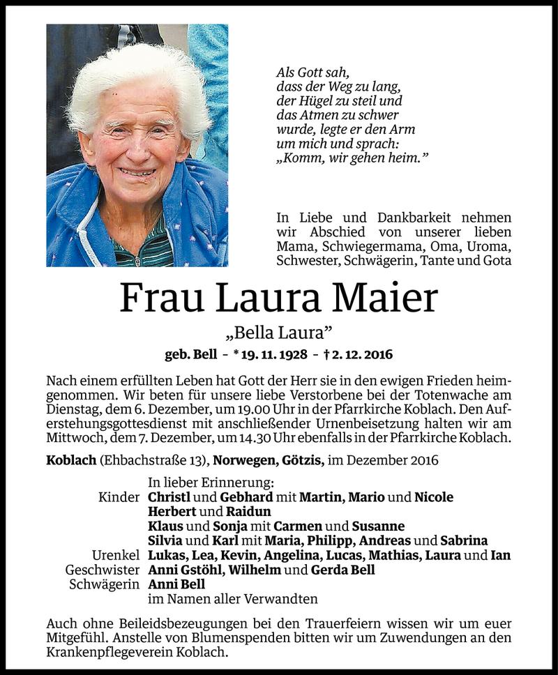  Todesanzeige für Laura Maier vom 03.12.2016 aus Vorarlberger Nachrichten