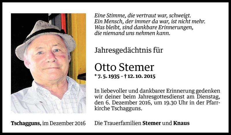  Todesanzeige für Otto Stemer vom 05.12.2016 aus Vorarlberger Nachrichten