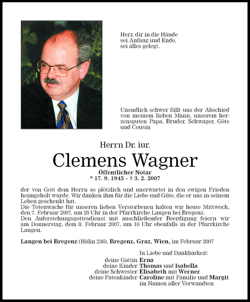  Todesanzeige für Clemens Wagner vom 07.02.2007 aus Vorarlberger Nachrichten