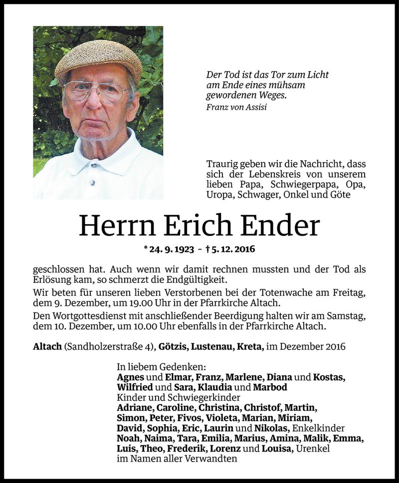  Todesanzeige für Erich Ender vom 07.12.2016 aus Vorarlberger Nachrichten