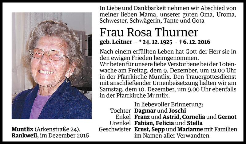  Todesanzeige für Rosa Thurner vom 08.12.2016 aus Vorarlberger Nachrichten