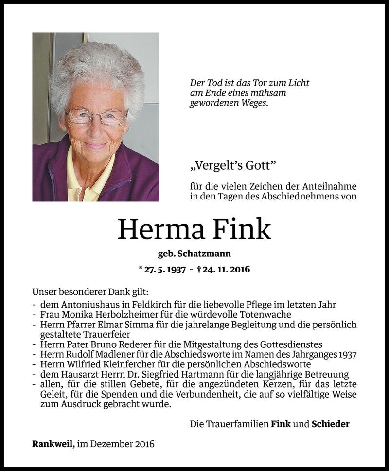  Todesanzeige für Herma Fink vom 10.12.2016 aus Vorarlberger Nachrichten