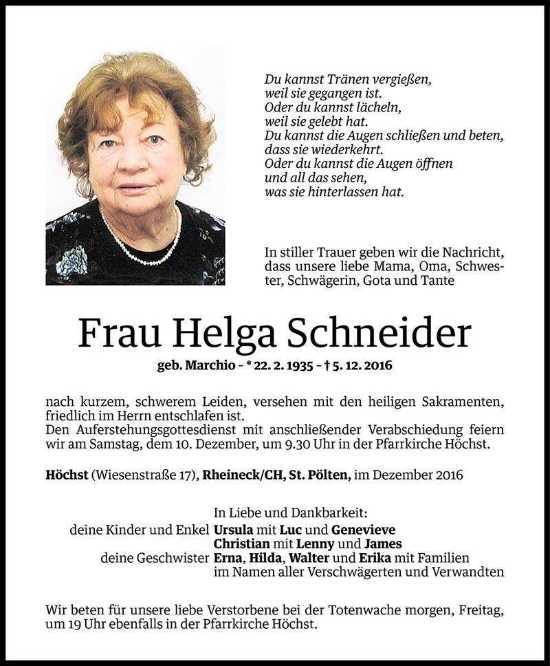  Todesanzeige für Helga Schneider vom 07.12.2016 aus Vorarlberger Nachrichten