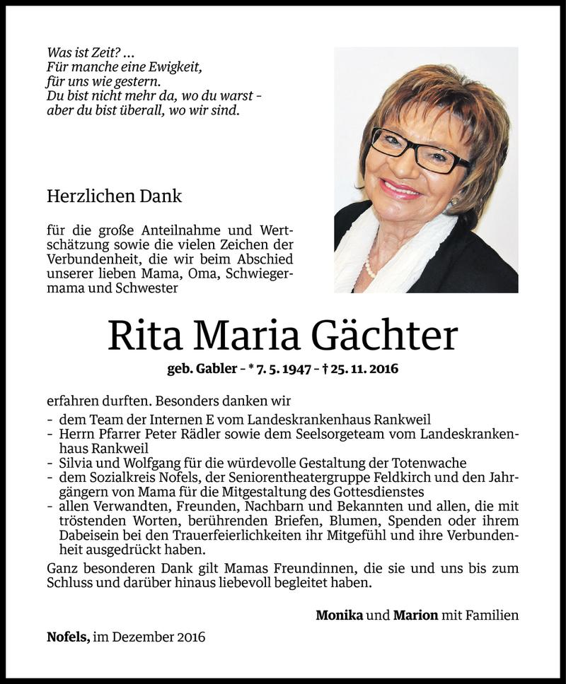  Todesanzeige für Rita Maria Gächter vom 11.12.2016 aus Vorarlberger Nachrichten