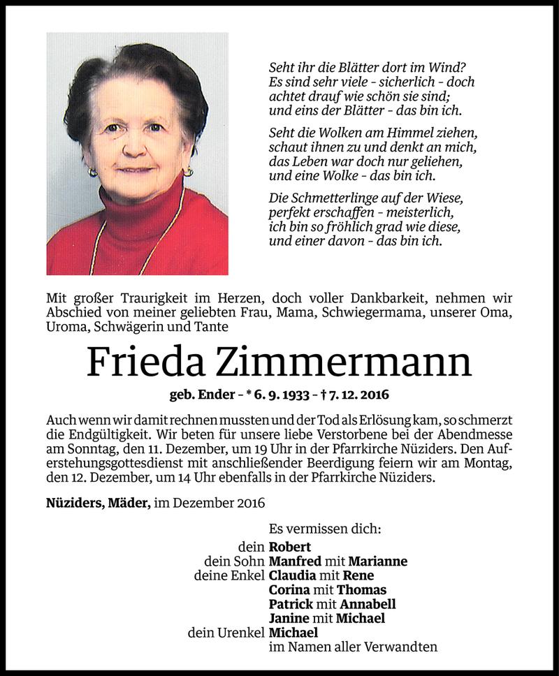  Todesanzeige für Frieda Zimmermann vom 10.12.2016 aus Vorarlberger Nachrichten