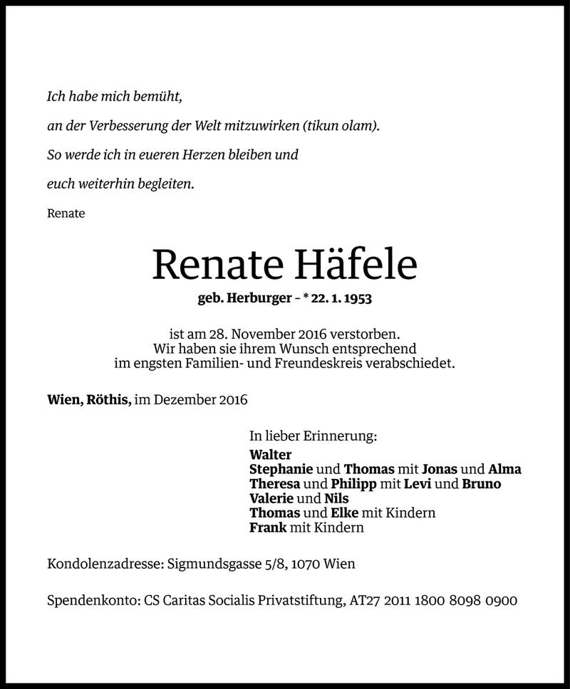  Todesanzeige für Renate Häfele vom 09.12.2016 aus Vorarlberger Nachrichten