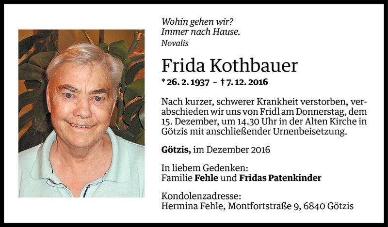  Todesanzeige für Frida Kothbauer vom 13.12.2016 aus Vorarlberger Nachrichten