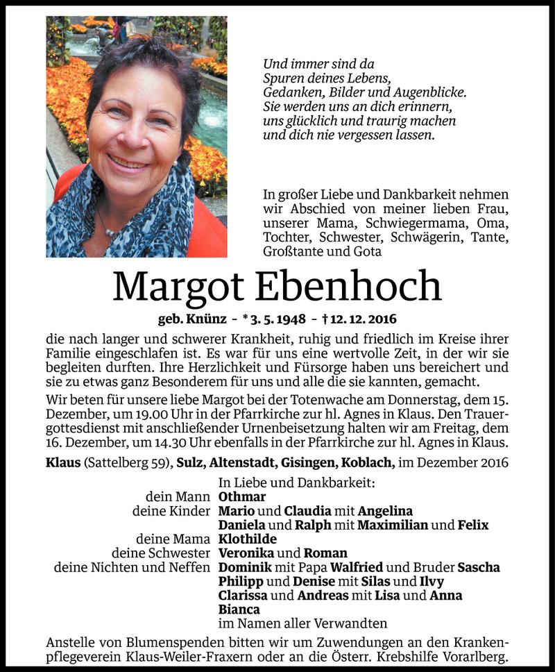  Todesanzeige für Margot Ebenhoch vom 14.12.2016 aus Vorarlberger Nachrichten