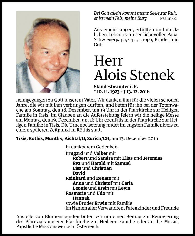  Todesanzeige für Alois Stenek vom 15.12.2016 aus Vorarlberger Nachrichten