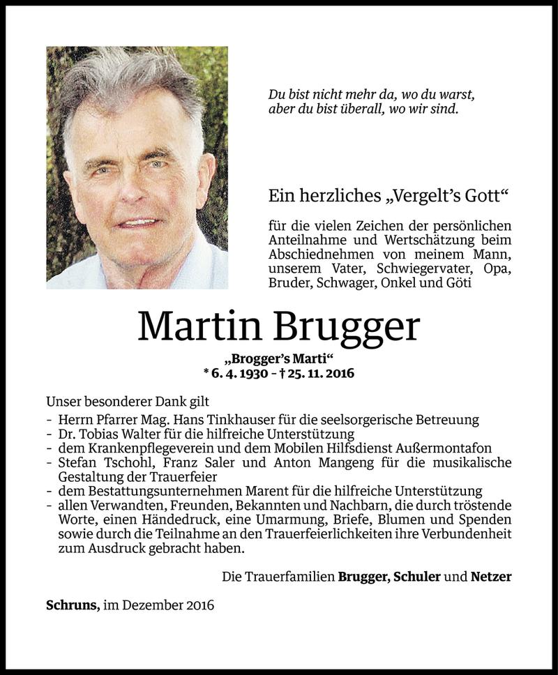  Todesanzeige für Martin Brugger vom 15.12.2016 aus Vorarlberger Nachrichten