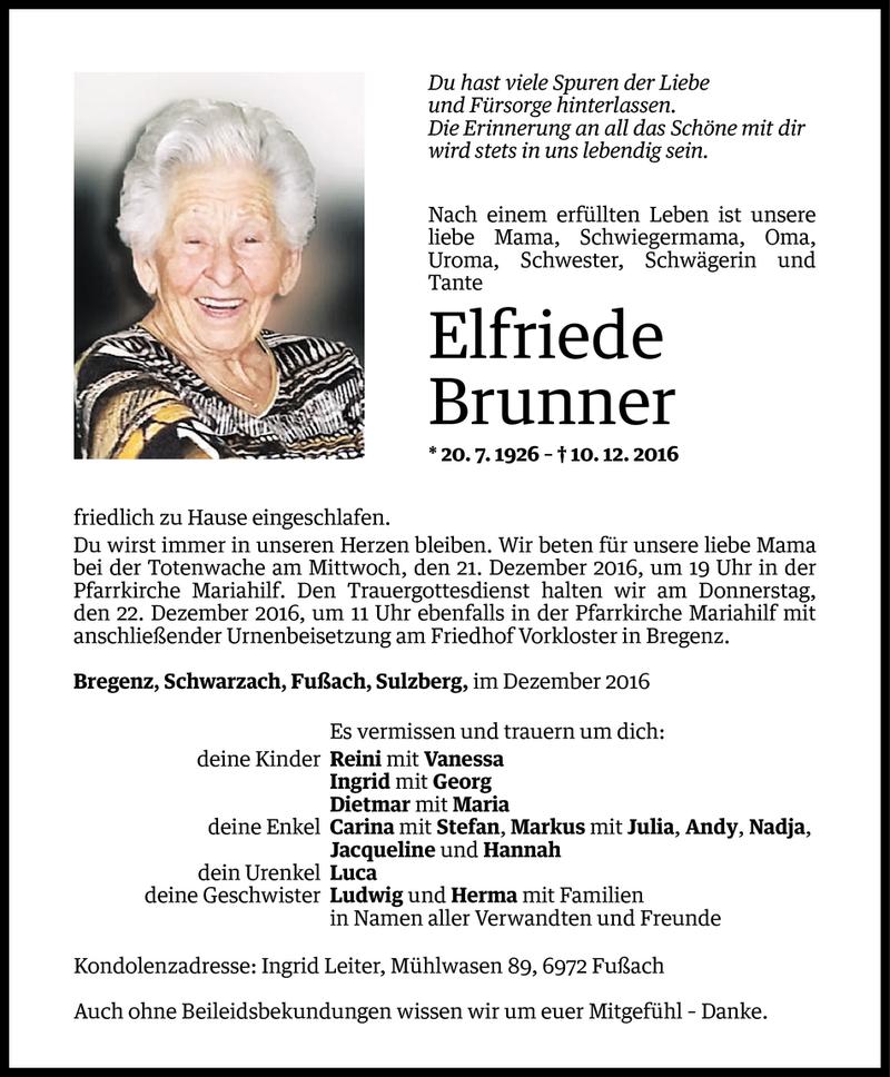  Todesanzeige für Elfriede Brunner vom 19.12.2016 aus Vorarlberger Nachrichten