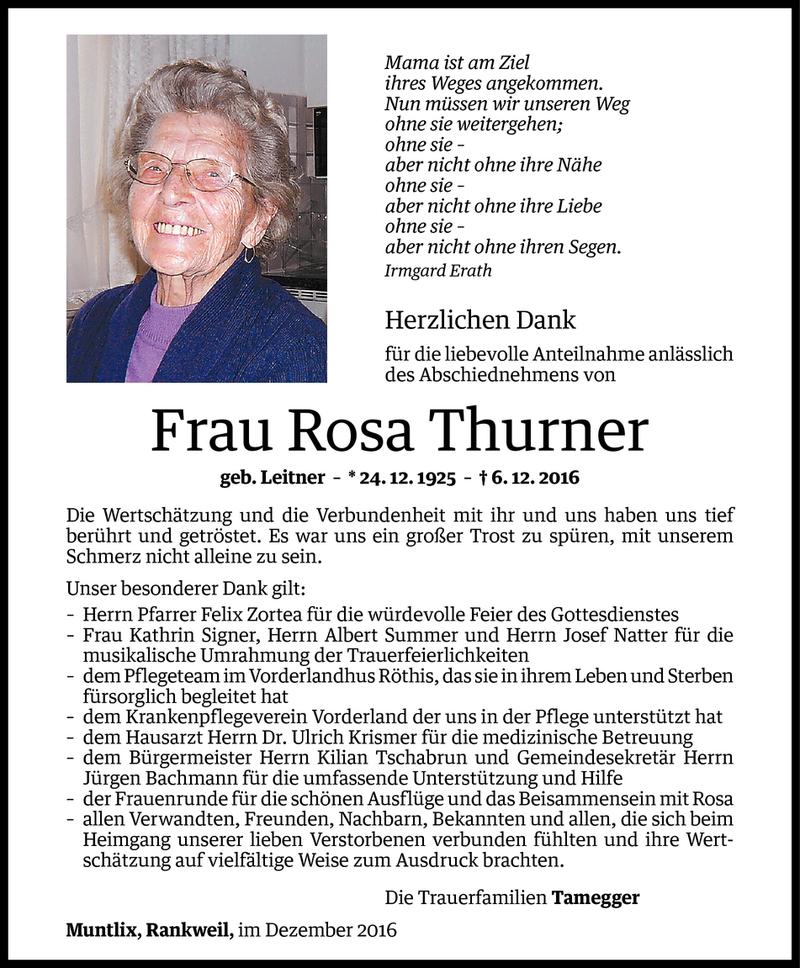  Todesanzeige für Rosa Thurner vom 20.12.2016 aus Vorarlberger Nachrichten
