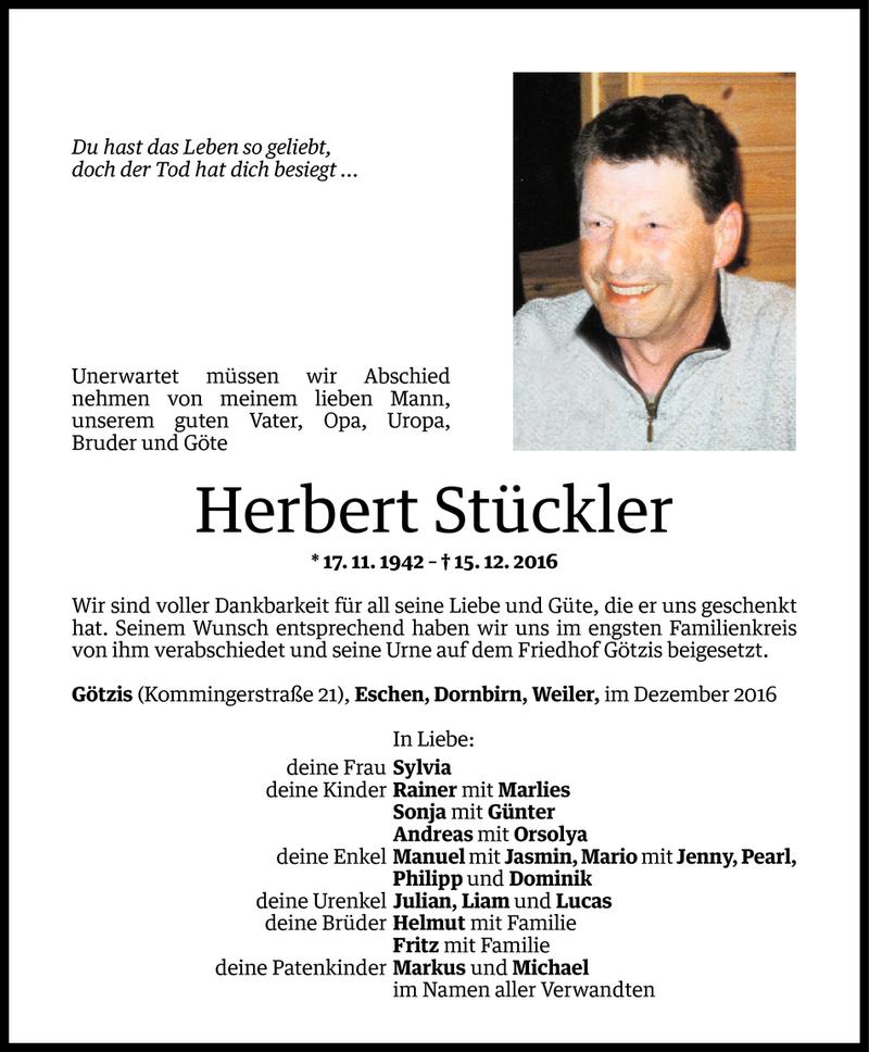  Todesanzeige für Herbert Stückler vom 21.12.2016 aus Vorarlberger Nachrichten