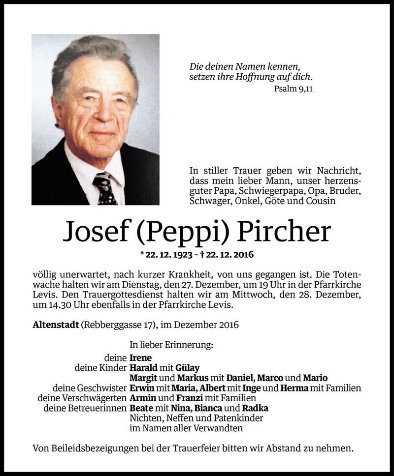  Todesanzeige für Josef Pircher vom 23.12.2016 aus Vorarlberger Nachrichten