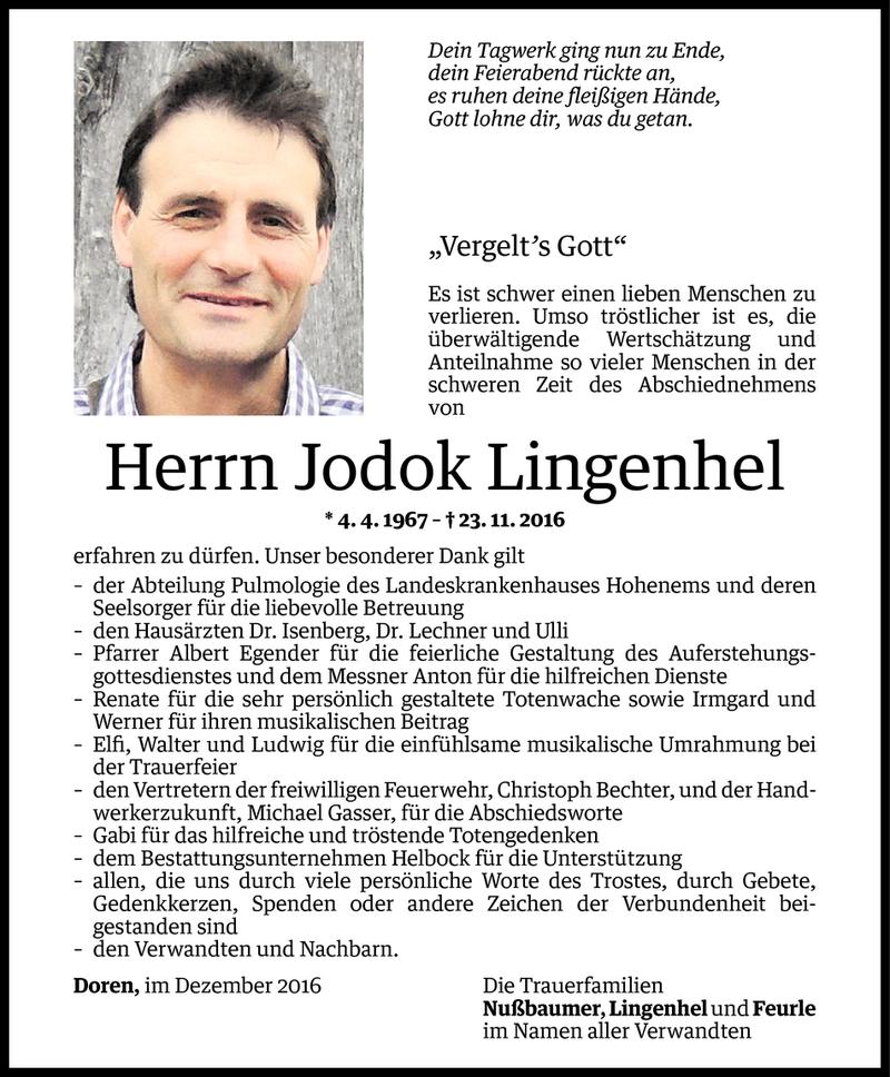  Todesanzeige für Jodok Lingenhel vom 26.12.2016 aus Vorarlberger Nachrichten