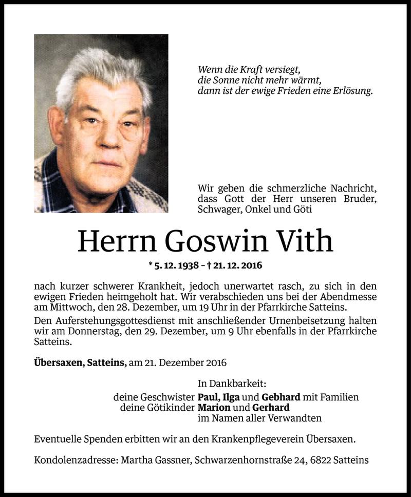  Todesanzeige für Goswin Vith vom 26.12.2016 aus Vorarlberger Nachrichten