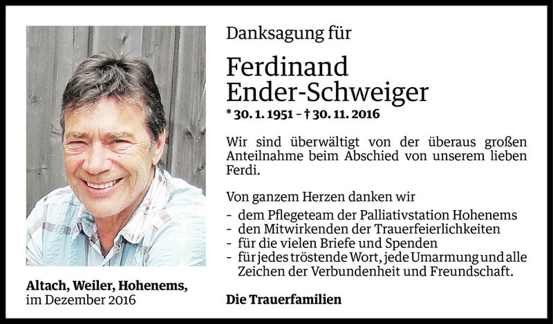  Todesanzeige für Ferdinand Ender-Schweiger vom 26.12.2016 aus Vorarlberger Nachrichten