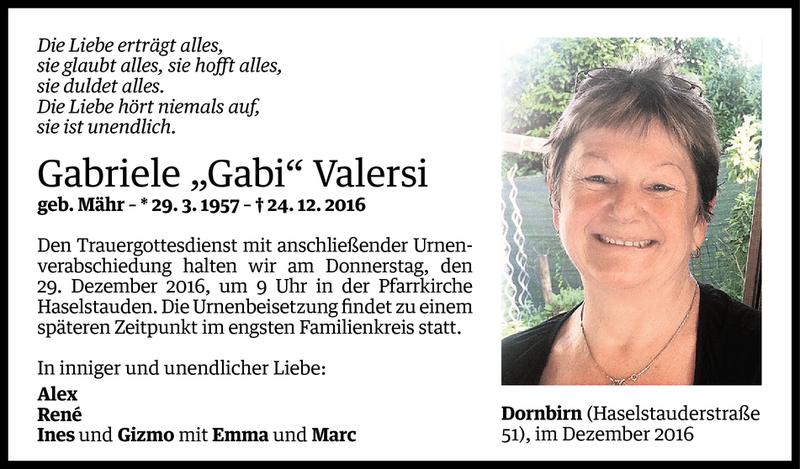 Todesanzeige für Gabriele Valersi vom 27.12.2016 aus Vorarlberger Nachrichten