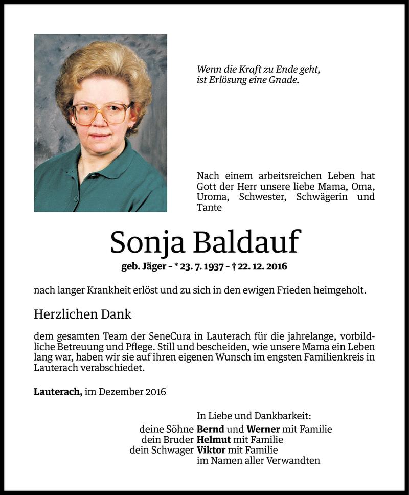  Todesanzeige für Sonja Baldauf vom 31.12.2016 aus Vorarlberger Nachrichten