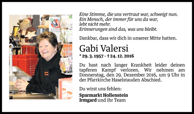  Todesanzeige für Gabriele Valersi vom 27.12.2016 aus Vorarlberger Nachrichten