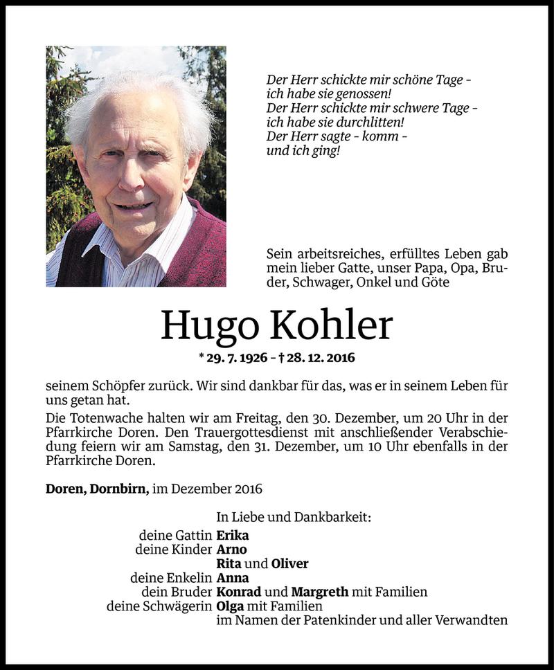  Todesanzeige für Hugo Kohler vom 29.12.2016 aus Vorarlberger Nachrichten