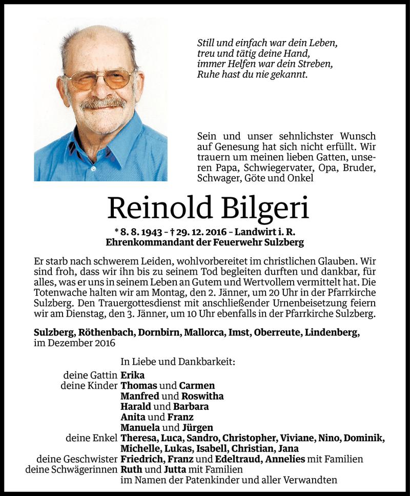  Todesanzeige für Reinold Bilgeri vom 30.12.2016 aus Vorarlberger Nachrichten